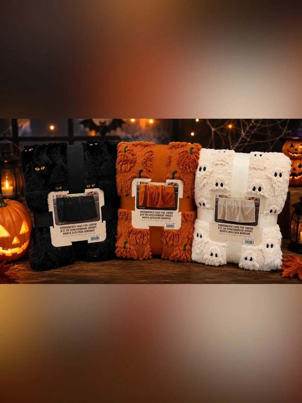 NWT Halloween Faux Fur Throw Blanket Lot of 3 Ghost Cat Pumpkin Tik Tok Costco